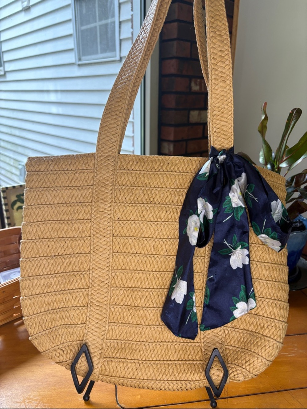 Draper James Woven Straw Tote Bag with Floral Scarf Accent - Natural